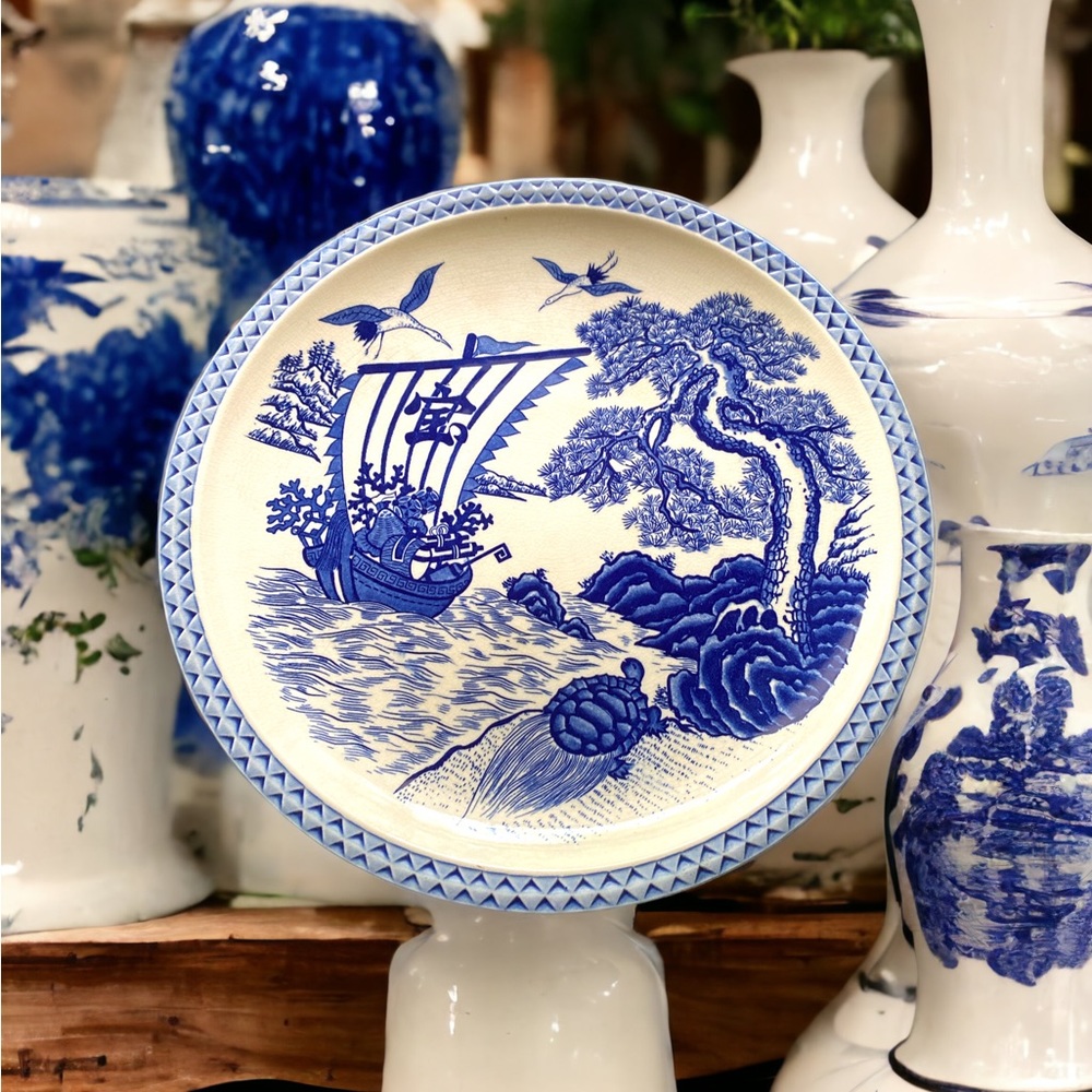 Japanese Porcelain Large Plate Center piece blue & white texture’s & pattern’s.